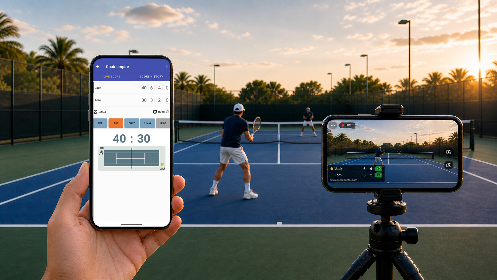 A tennis player mid-rally with a phone on a tripod streaming the match live with ScoreBuzzer's score overlay